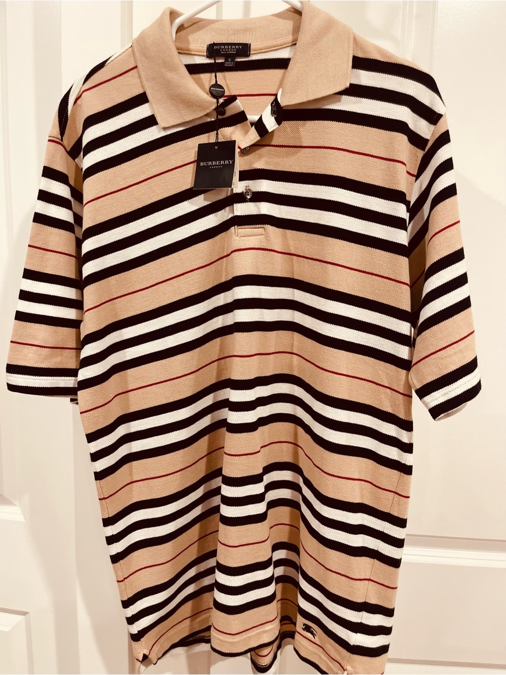 Burberry Tan, Black & White Striped Polo with Red Accents